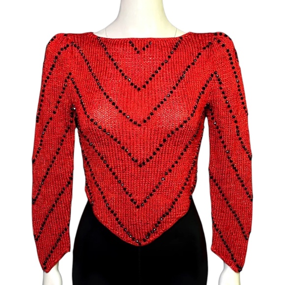 Nannell Beaded Sweater Red Black Vintage 80’s Hand-knit Rayon Blend Size Small - Picture 10 of 10